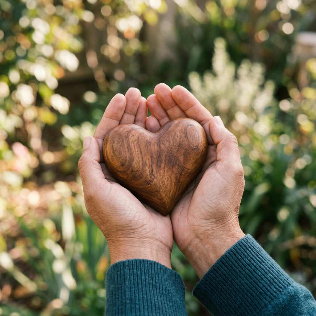 Two hands holding a carved wooden heart shape against a blurred green background